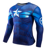 Long Sleeve Captain America Dri Fit Compression Workout Shirt Blue Crewneck