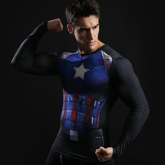 captain america long sleeve compression shirt Blue superhero tee