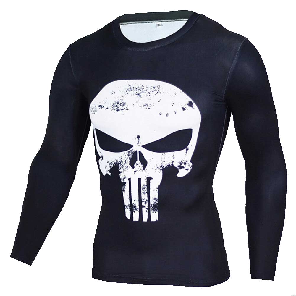 Long Sleeve White Punisher Skull Compression Running Tee Shirt