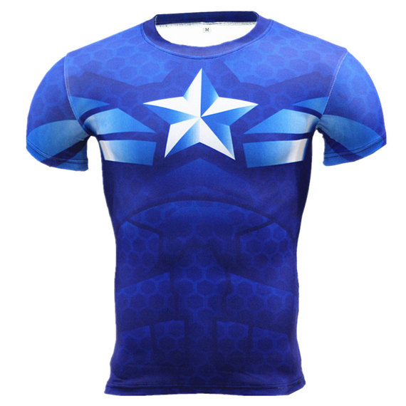 Dri-fit Short Sleeve Superhero Captain America Compression Running Shirt Blue