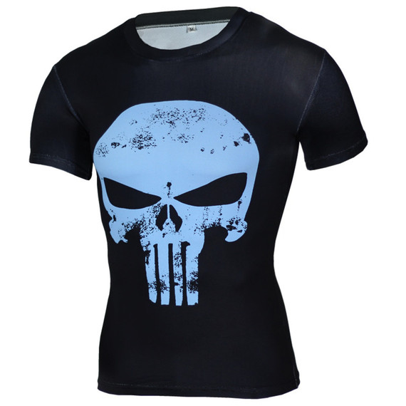 quick dry Punisher Compression Shirt Blue Short Sleeve Superhero T Shirt