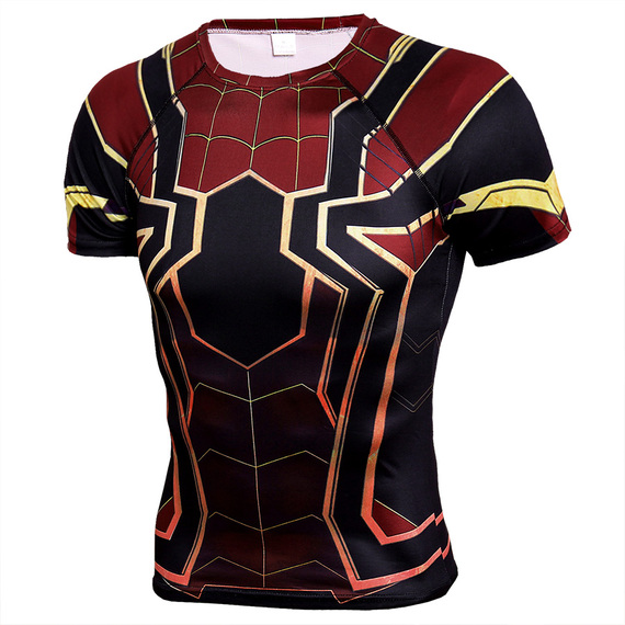 Short sleeve superhero compression shrit spiderman costume black and red