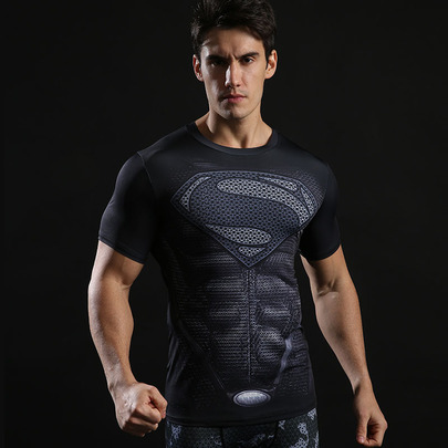 Short Sleeve Superhero Superman Compression Athletic Shirt Black 01