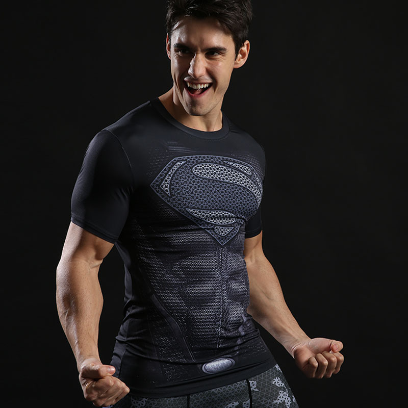 Dri Fit Short Sleeve Superhero Superman Compression Athletic Shirt Black 