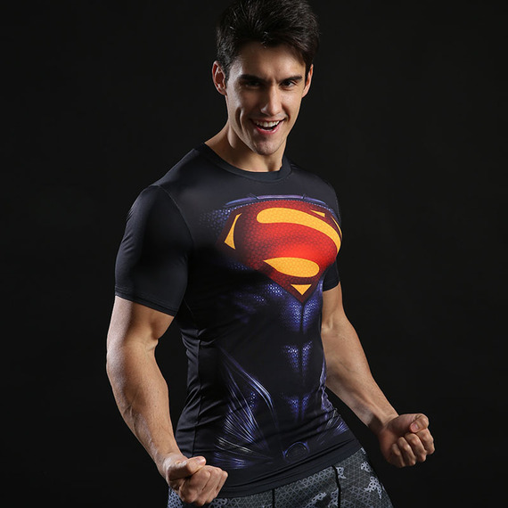 Short Sleeve Superman Compression Shirt For Gym Black Red Muscle Chest Costume