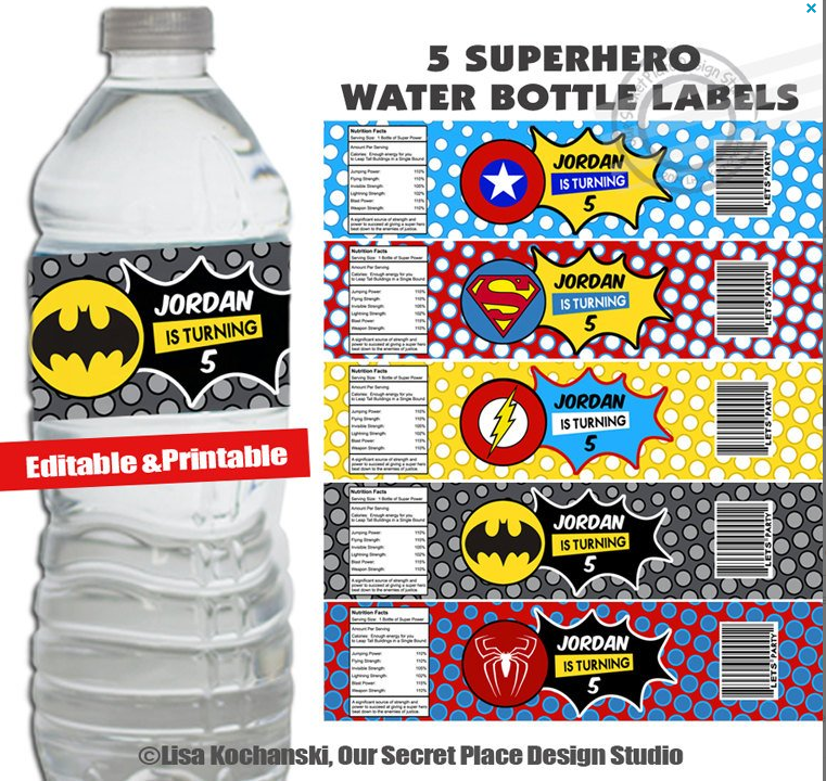 Superhero Bottle Water Labels