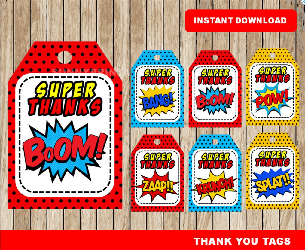 printable Super Hero Thank you Tags