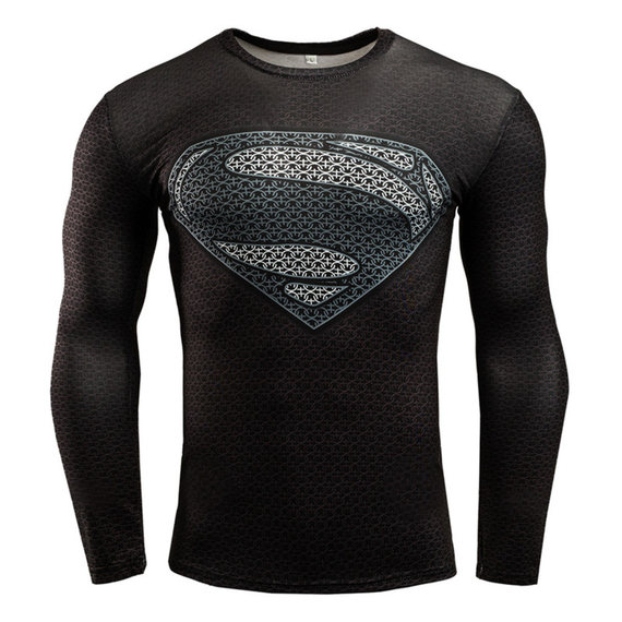 superman workout shirt black long sleeve compression gym shirt