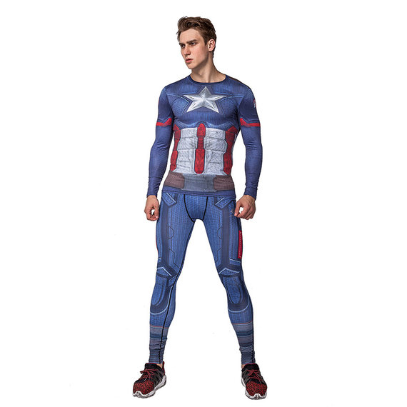 superhero themed Mens Dri-fit Captain America Compression Shirt Pant Suit For Workouts