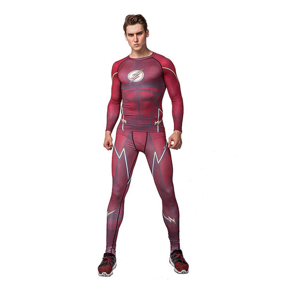 superhero red flash compression shirt and pant suit for running mens