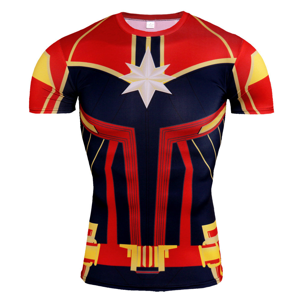 captain marvel shirt short sleeve superhero compression workouts t shirt red