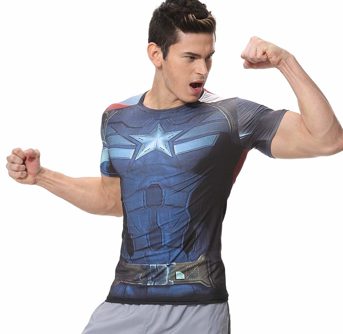 T-shirt compression Homme Captain America, 3D Tops Rashguard Musculation,  bleu-multicouleur, manches longues. Taille Adulte M