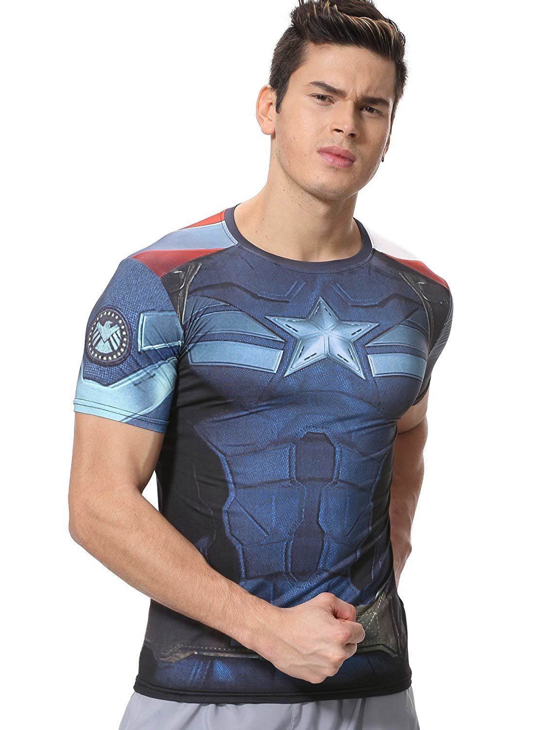 T-shirt compression Homme Captain America, 3D Tops Rashguard Musculation,  bleu-multicouleur, manches longues. Taille Adulte M