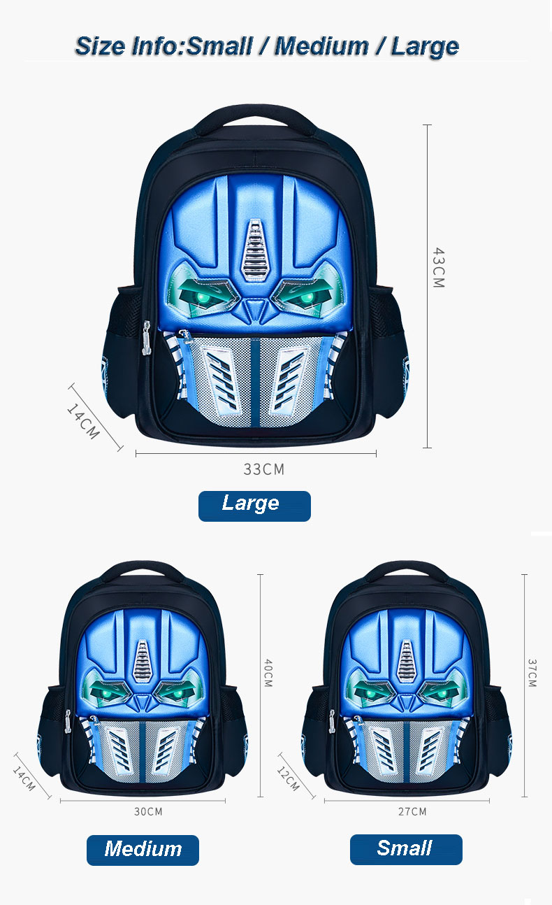 Boys Transformers book bag size chart