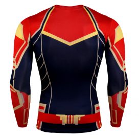 long sleeve slim fit red marvel captain marvel compression shirt for gym