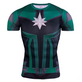 Short Sleeve Slim Fit Green Captain Marvel Compression Shirt For Workouts