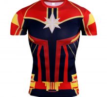 Short Sleeve Slim Fit Red Captain Marvel Compression Shirt For Fitness