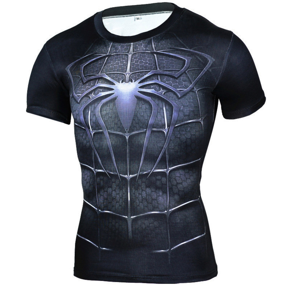 short sleeve slim fit dri fit Black Spider Man Compression Shirt For Workouts