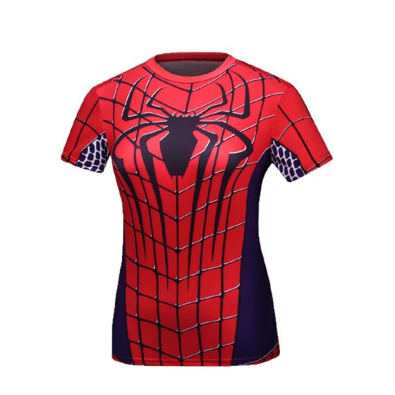Short Sleeve Slim Dri Fit Red Spider Man Compression Workouts Shirt For Girls