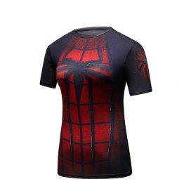 Short Sleeve Slim Dri Fit Red Black Spider Man Compression Gym Shirt For Girls