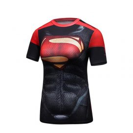 Short Sleeve Slim Dri Fit Red Superman Logo Compression Workouts Shirt For Girls