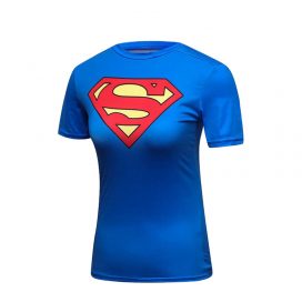Short Sleeve Slim Dri Fit Blue Superman Logo Compression Workouts Shirt For Womens