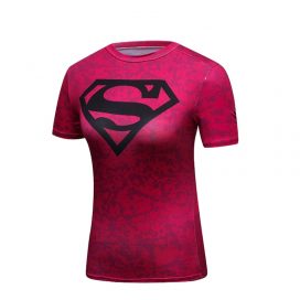 Short Sleeve Slim Dri Fit Red Superman Logo Compression Gym Shirt For Female