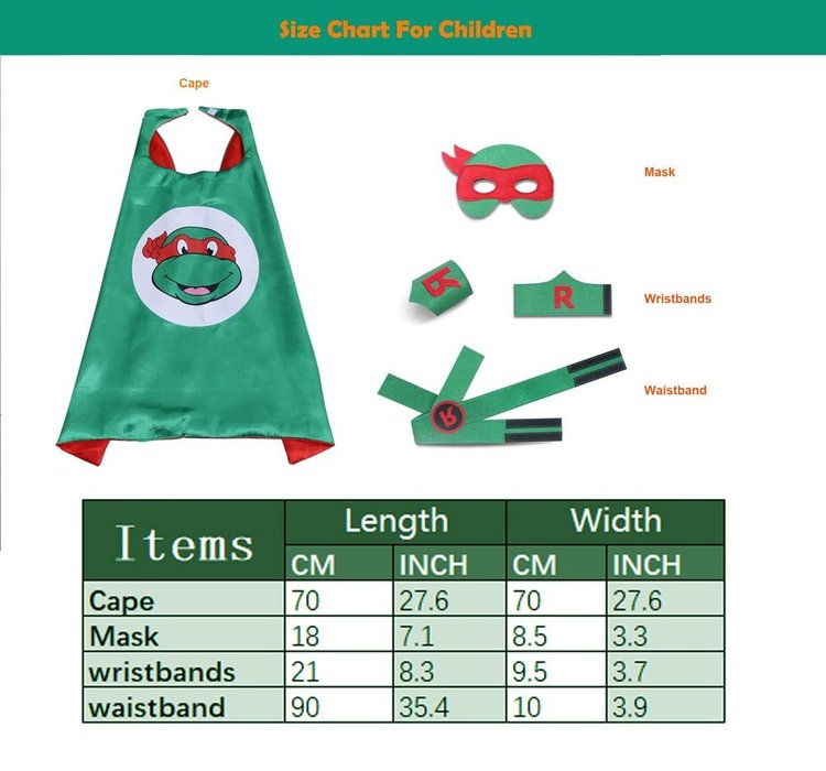 cape and mask sets size chart