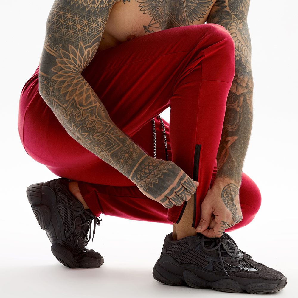 Red Long Pants For Gym With Towel Loop