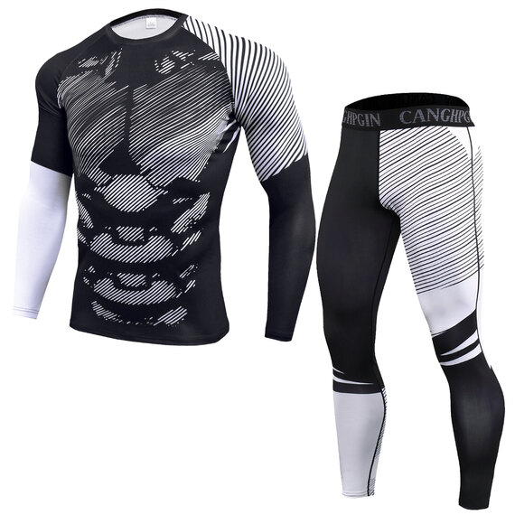 men's long sleeve muscle fit workout shirts & white striped leggings