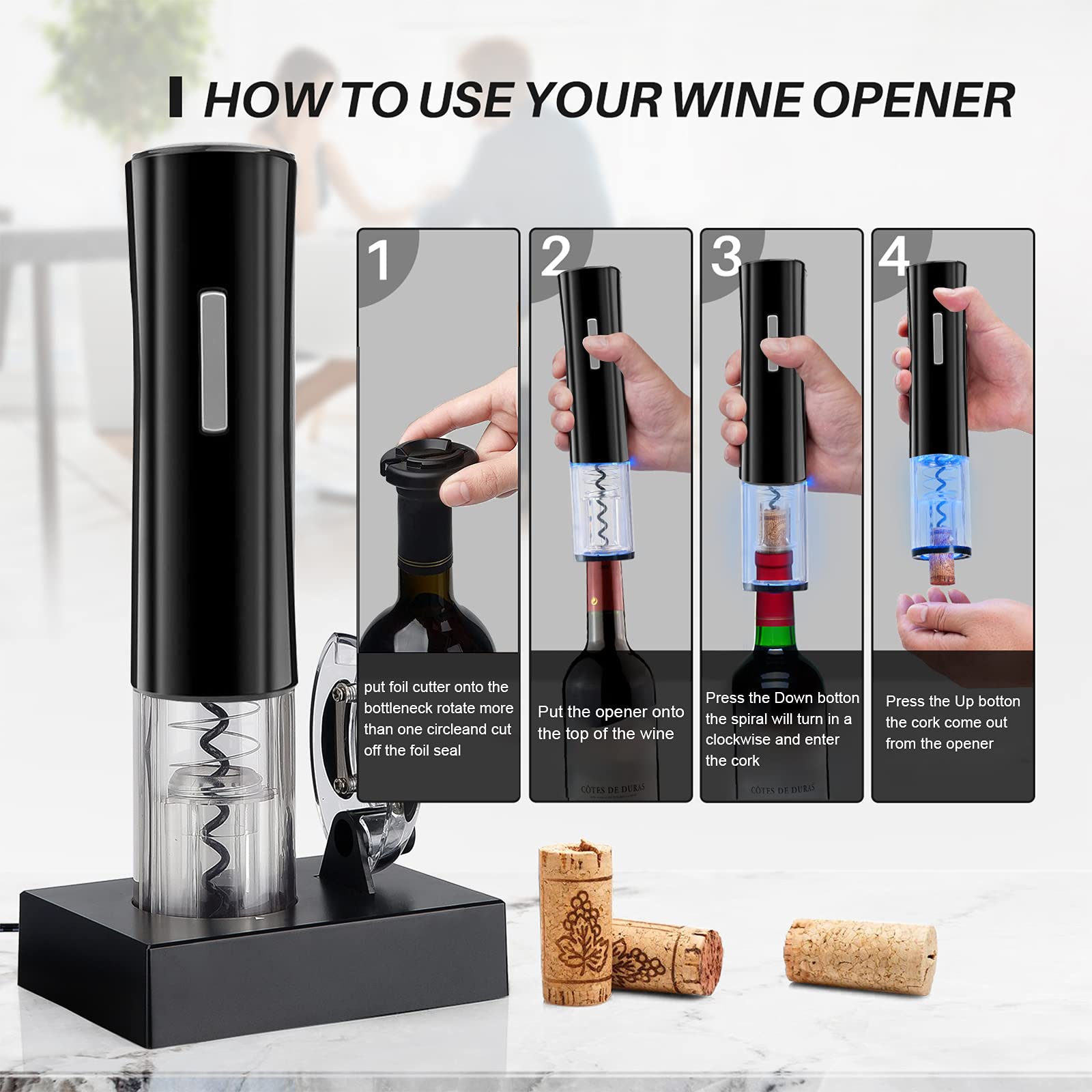 Electric Wine Opener Set, Battery Operated Wine Bottle Opener with Foil  Cutter, Wine Pourer and Vacuum Stopper, Automatic Corkscrews for Wine  Bottles
