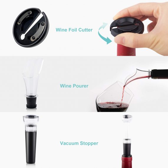 4-piece set Wine Lover Collection: Combo of electric wine Bottle Opener, Foil Cutter, Wine Aerator Pourer and Vacuum Stopper