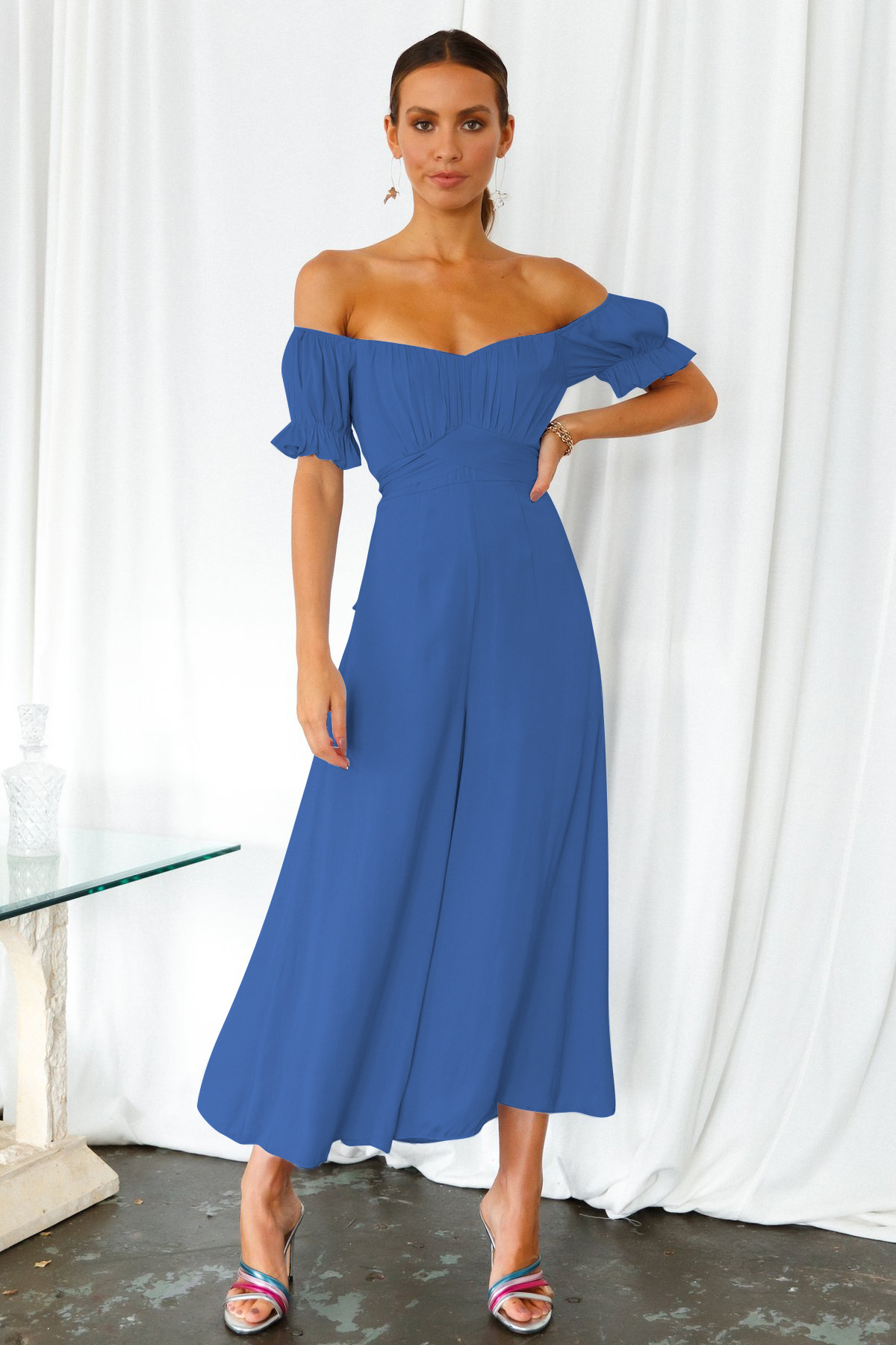 Women's Casual Off Shoulder Ruffle bJumpsuit Blue