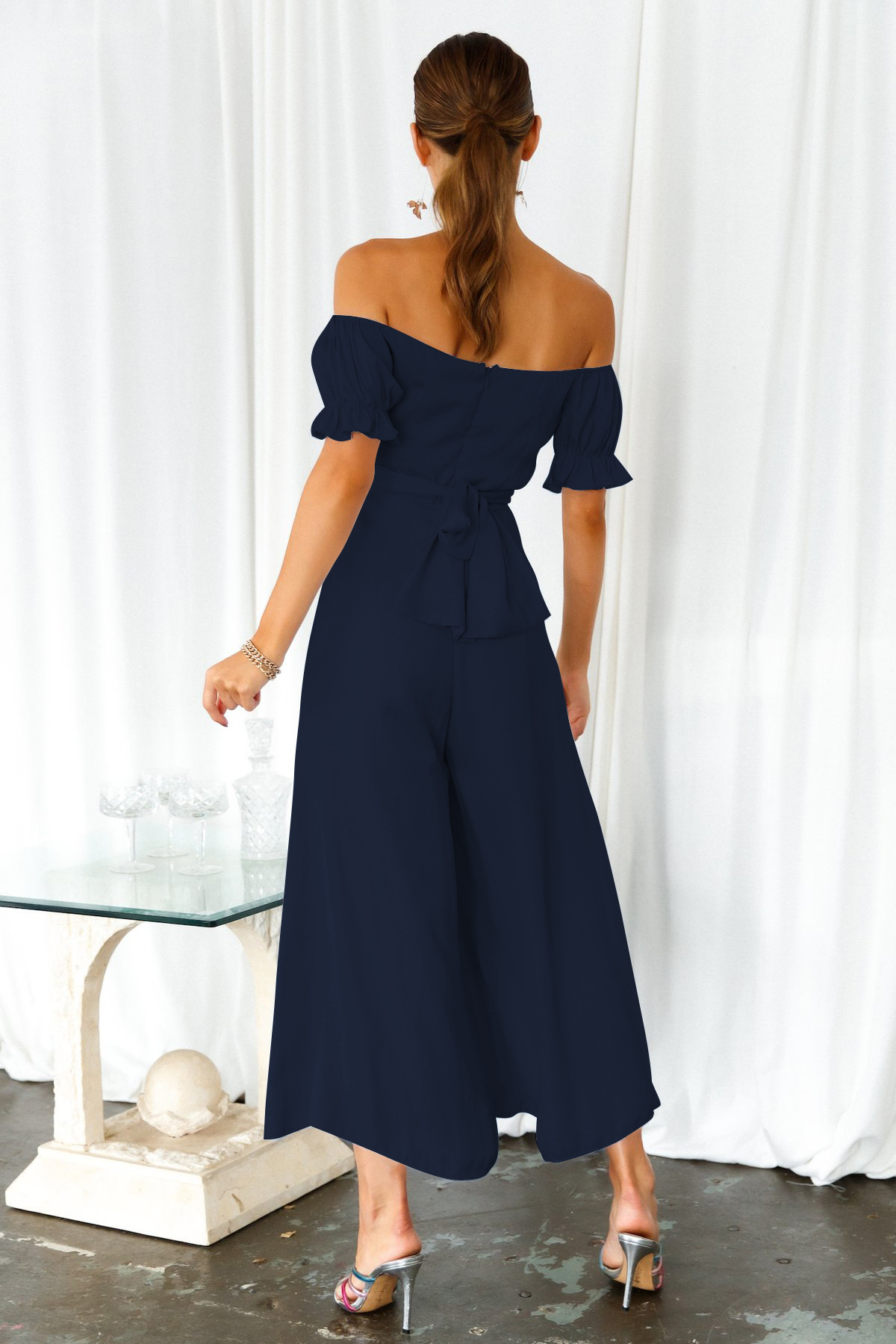 Women's Casual Off Shoulder Ruffle bJumpsuit Navy Blue