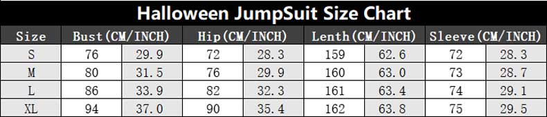 3D Halloween Jumpsuit Size Chart For Reference