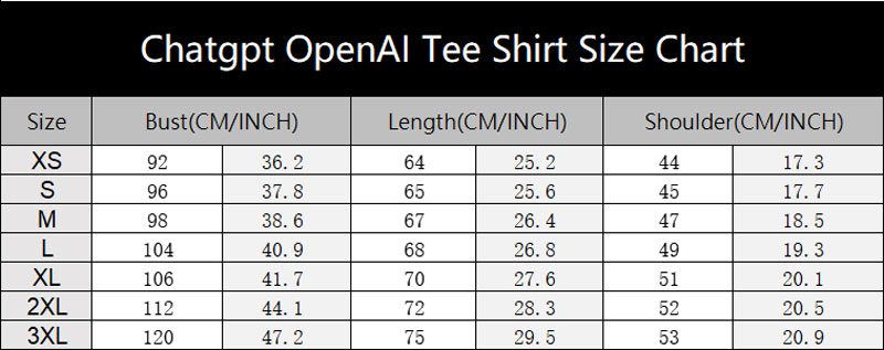 OpenAI ChatGPT Tee Shirt Size Chart