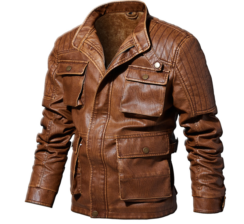 Biker Faux Leather Men's Basic Motorcycle Jacket with Zipper Pockets Khaki