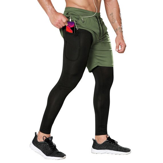 Men's 2 in 1 Running Shorts tight Legging With Phone Pocket Towel loop on the back army green