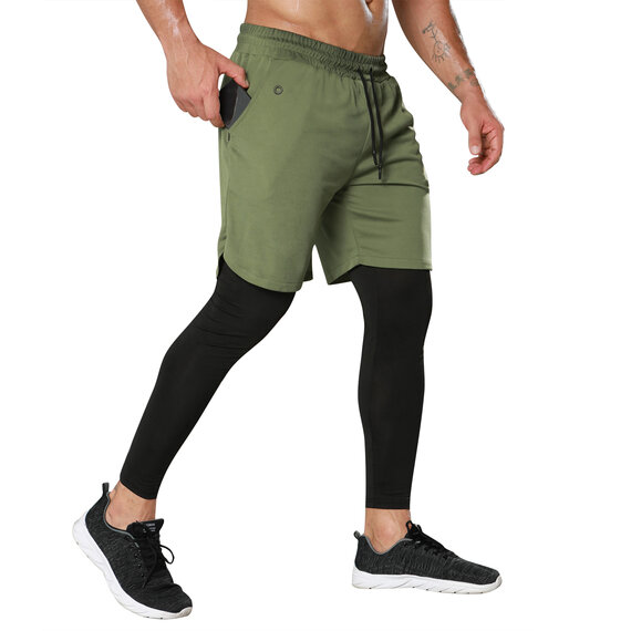 Men's 2 in 1 workout shorts build-in tight legging with Towel loop on the back drawstring closure army green