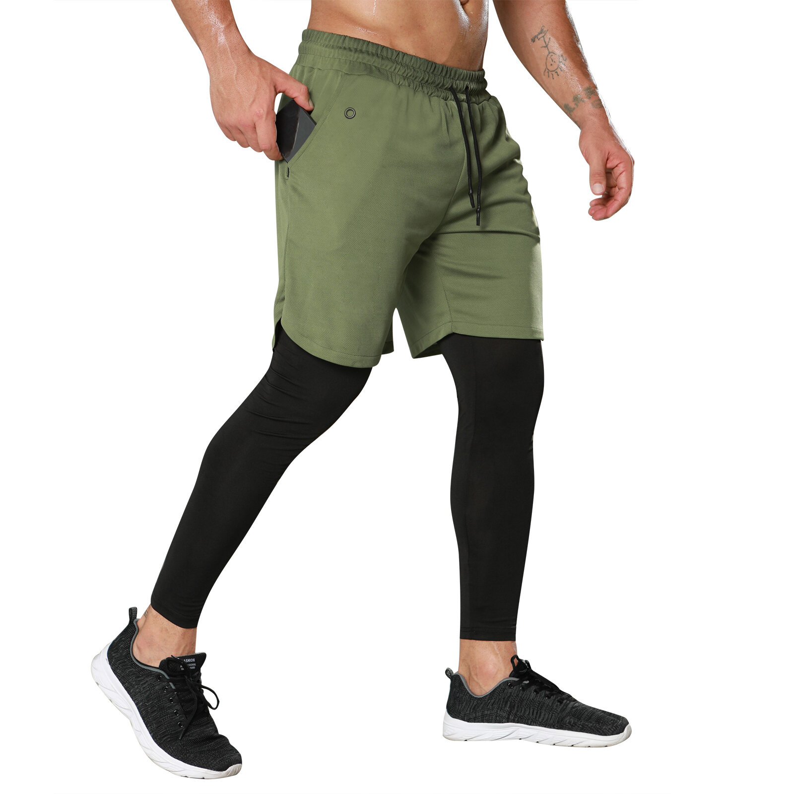 Men's 2 in 1 Running Shorts Legging With Phone Pocket - PKAWAY