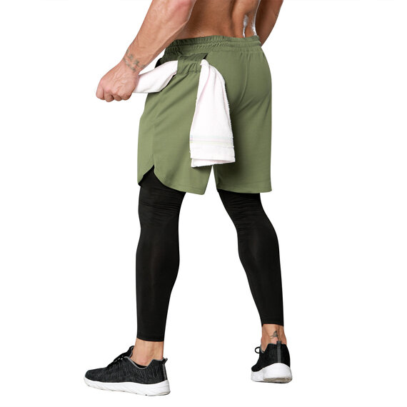 Men's 2 in 1 zipper pocket jogging shorts build-in compression legging With Phone Pocket army green