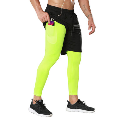 Men's 2 in 1 black shorts and green yoga legging - Drawstring closure,Elastic Waist band, Headphone Jack,zipper pocket.