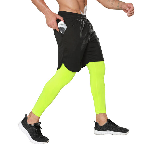 Men's 2 in 1 black gym shorts and green workout legging - Drawstring closure,Elastic Waist band, Headphone Jack,zipper pocket.