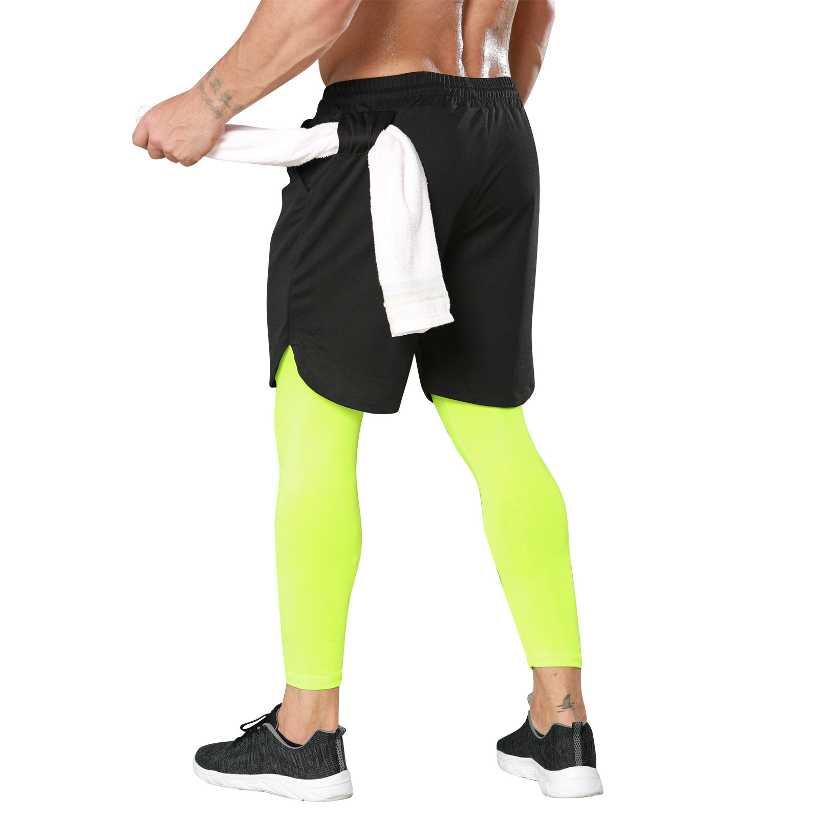 Men's 2 in 1 black running shorts and green gym legging - Drawstring closure,Elastic Waist band, Headphone Jack,zipper pocket.