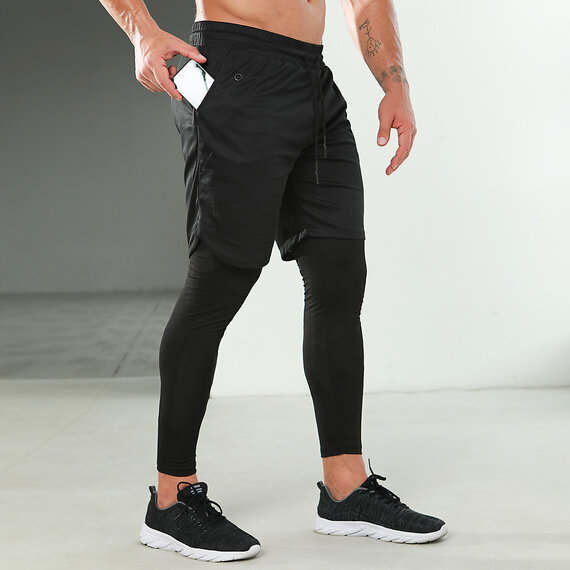 2 in 1 Men's black yoga legging and workout shorts - towel loop,Drawstring closure,Elastic Waist band, Headphone Jack,zipper pocket.