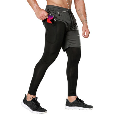 Men's 2 in 1 grey Athletic shorts and black tight workout legging,Fashion design - towel loop,Drawstring closure,Elastic Waist band, Headphone Jack,zipper pocket.