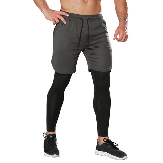 Men's 2 in 1 grey  Athletic shorts and black tight workout legging,fashion design - towel loop,Drawstring closure,Elastic Waist band, Headphone Jack,zipper pocket.