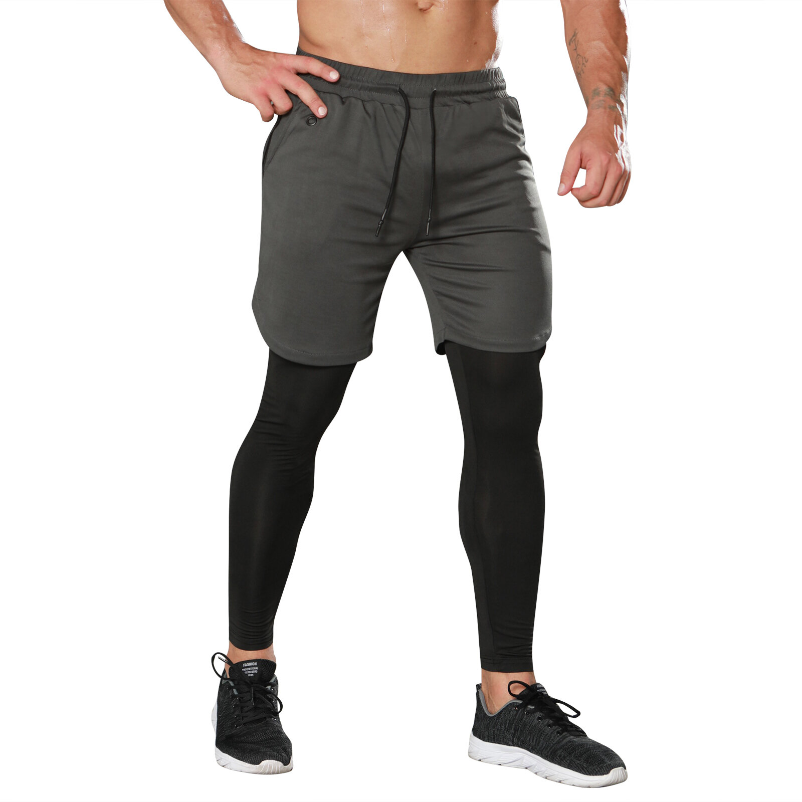 Men's 2 in 1 Grey Gym Shorts Legging With Towel Loop - PKAWAY