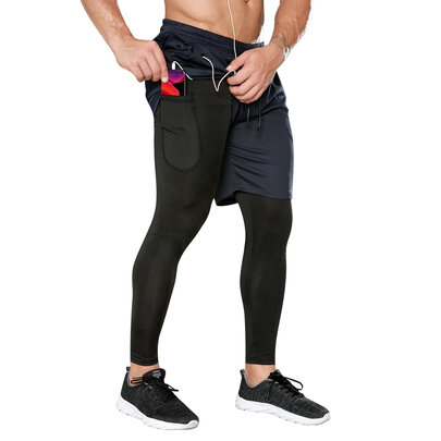 Fashion Men's 2 in 1 Comfortable Navy Blue gym Shorts black stretch Legging With cell phone pocket