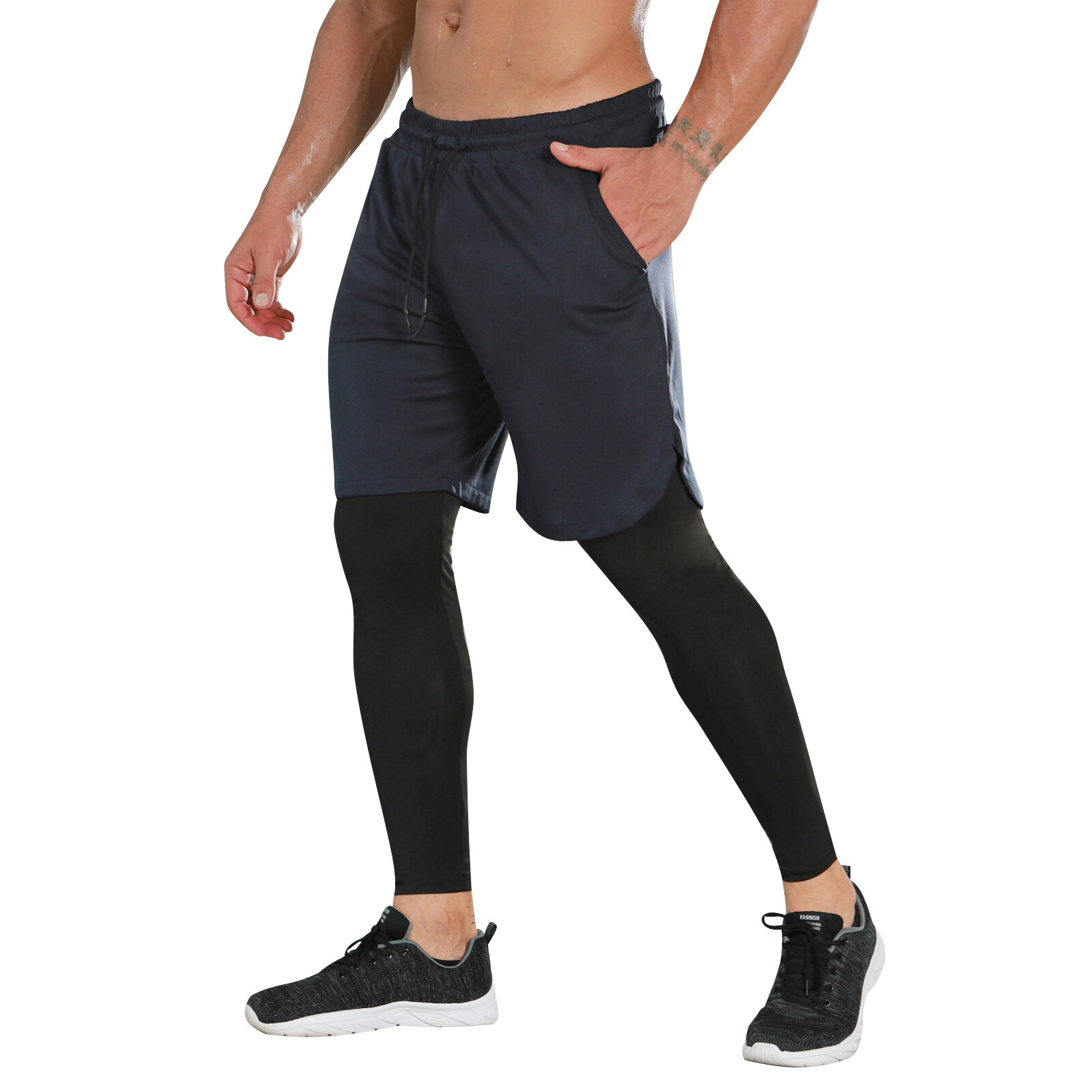 Fashion Men's 2 in 1 Navy Blue  workout Shorts black tight Legging With cell phone pocket